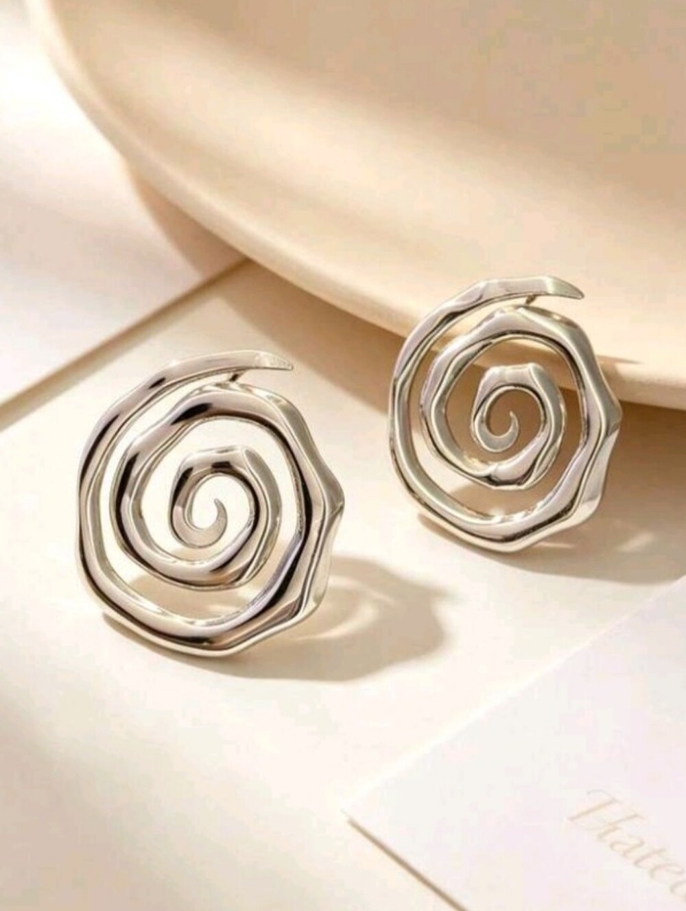 NEW! Silver Plated Minimalist Spiral Oval Shaped Stud Post Earrings